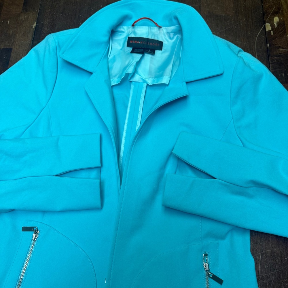 Nina McLemore Jacket Womens 2 Turquoise Hook & Eye Zipper Pocket Cotton Blazer